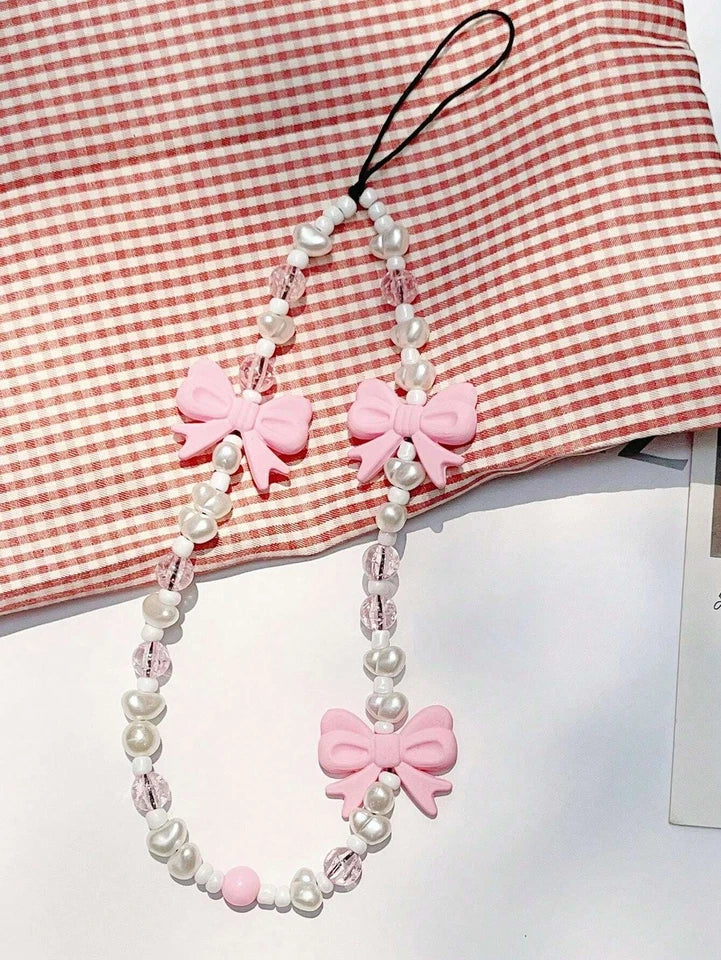 Pink Bow Peal Beaded Phone Charm Strap Lanyard