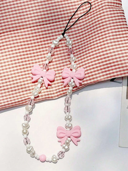 Pink Bow Peal Beaded Phone Charm Strap Lanyard