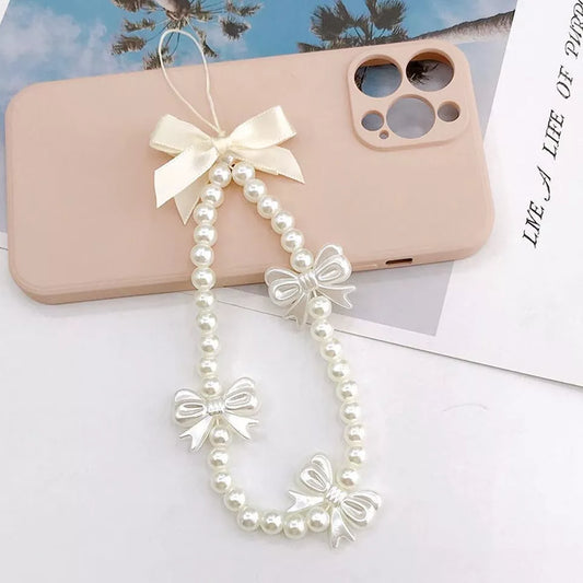 Pearl Bow Mobile Phone Strap Charm Wrist Hand Lanyard Phone Charm Hand Strap